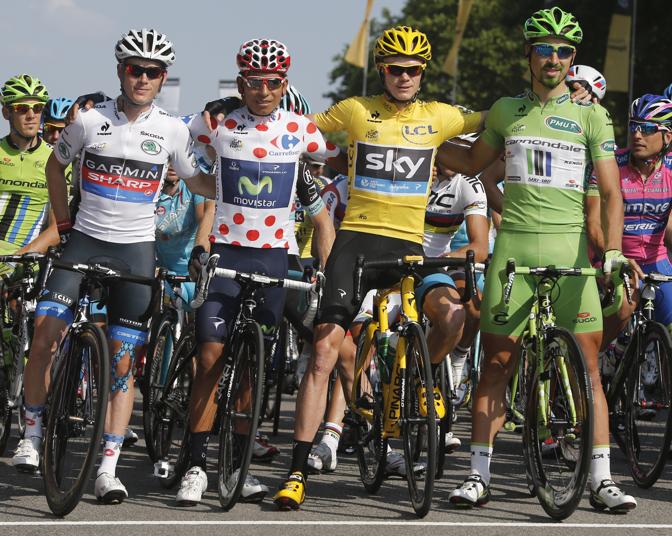 I vincitori di maglia: Talansky (secondo nella classifica giovani, ma Quintana ha gi la maglia a pois), Quintana (miglior scalatore) Froome e Sagan (classifica a punti). Ap